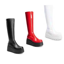 Women's Knee-High Tall Dress Boots Heel Round Toe Side Zipper Tall Goth Boots