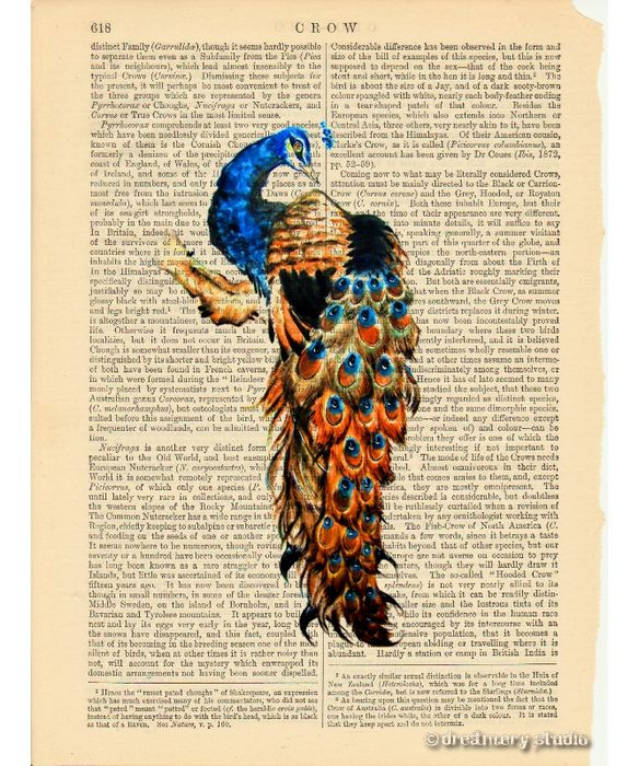 Peacock #4 Art Print on Vintage Book Page Home Office Wall Hanging