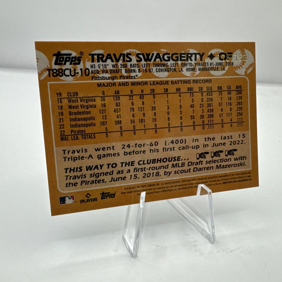 2023 Topps Update TRAVIS SWAGGERTY Pirates rc 1988 Chrome Blue Refractor 118/150 - Image 2 of 2