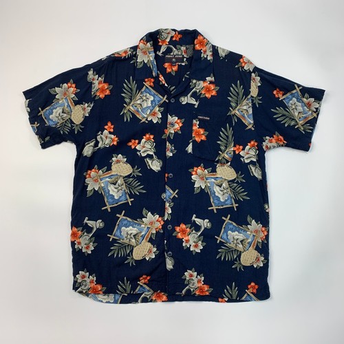 Vintage Point Zero Hawaiian Shirt Men S Small Navy Blue Tropical Button Up Rayon - Picture 2 of 9