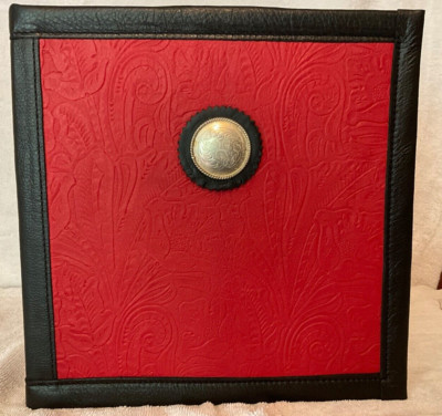 RED WESTERN FLORAL EMBOSS COWHIDE LEATHER 2'' 3 RING BINDER VNTG ROPE EDGE CONCHO