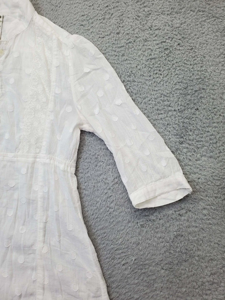 Blusa Top Fossil Mujer Mediana Blanca Lunares Algodón Manga 3/4 Botón Delantero Foto 4 de 4