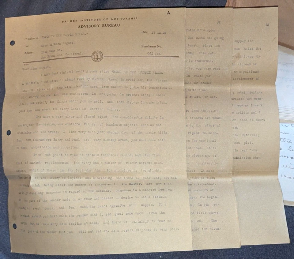 Handwritten Story Manuscript by Student of Palmer Institute of Authorship, 1927 - Image 4 of 4