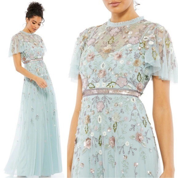 Mac Duggal 9136 Embellished High Neck Butterfly Sleeve Gown
