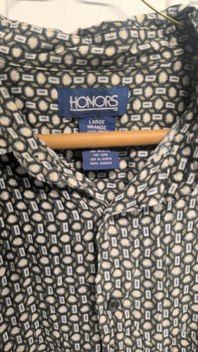 Honors Men's Button Up Shirt Short Sleeve Blue-Beige Geo pattern Size Large L - Picture 2 of 6