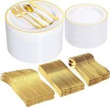 600 Pcs Gold Plastic Plates for 100 Guests.Disposable Plates for Party,Plastic 