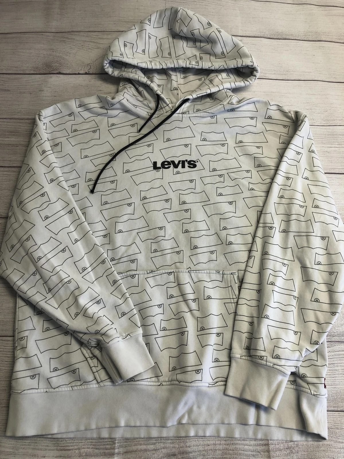 Levi's Hoodie Mens Large Gray All Over Logo Graphic Fleece Pullover Sweatshirt
