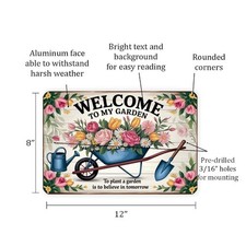 Welcome To My Garden Tin Metal Signs   8x12 Vintage Floral Wheelbarrow Wall Art