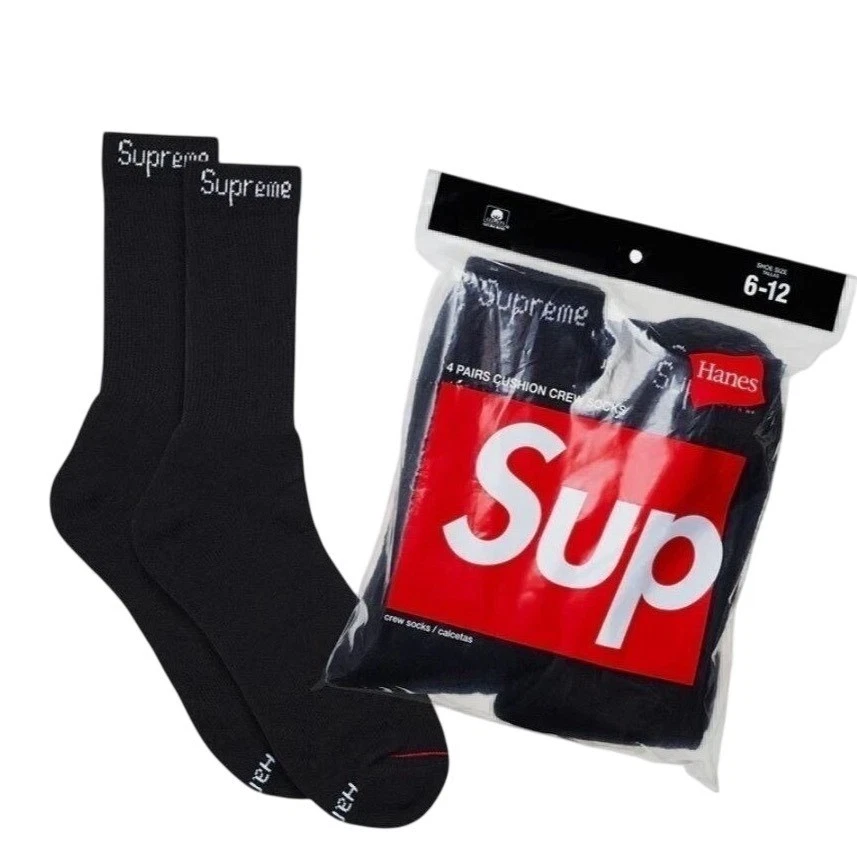 Black Supreme Hanes Crew Socks - Black 4 Pack Size 6-12 FREE Shipping New Auth