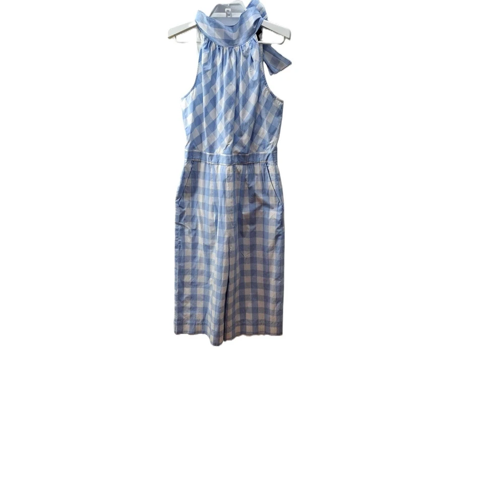 Macacão J Crew gola alta Gingham amarrar costas azul branco perna larga tamanho 2 L2578 - Imagem 2 de 4