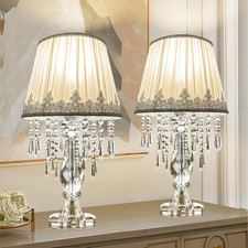 Crystal Table Lamp Set of 2, Dimmable Bedside Lamp with Fabric Shades, Farmhouse