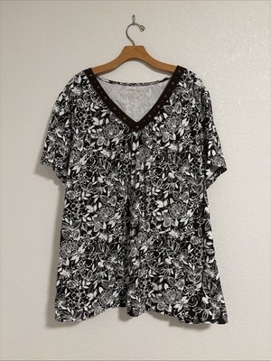 NEW White Stag Plus Size 4X Blouse Top Brown White Floral Short Sleeve Studded