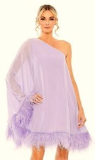 Mac Duggal Lilac Purple One-Shoulder Trapeze Feather-Trim Mini Dress Size 4 498