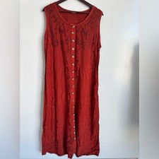 Boho Red Sleeveless Button Front Dress Large women Embroidered Floral Maxi