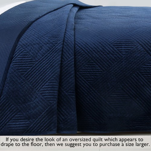 Navy Blue Velvet Basket weave Luxurious Velour Soft Quilt Bedding Set Bedspread - Picture 5 of 8