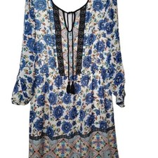 Bohemian Tassel Embroidered V-Neck Blue Floral Long Sleeve Sheer Womens L Dress