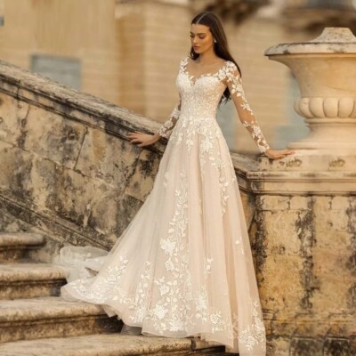 Long Sleeve Royal Bridal Gowns Lace A-Line Wedding Dress,Luxury