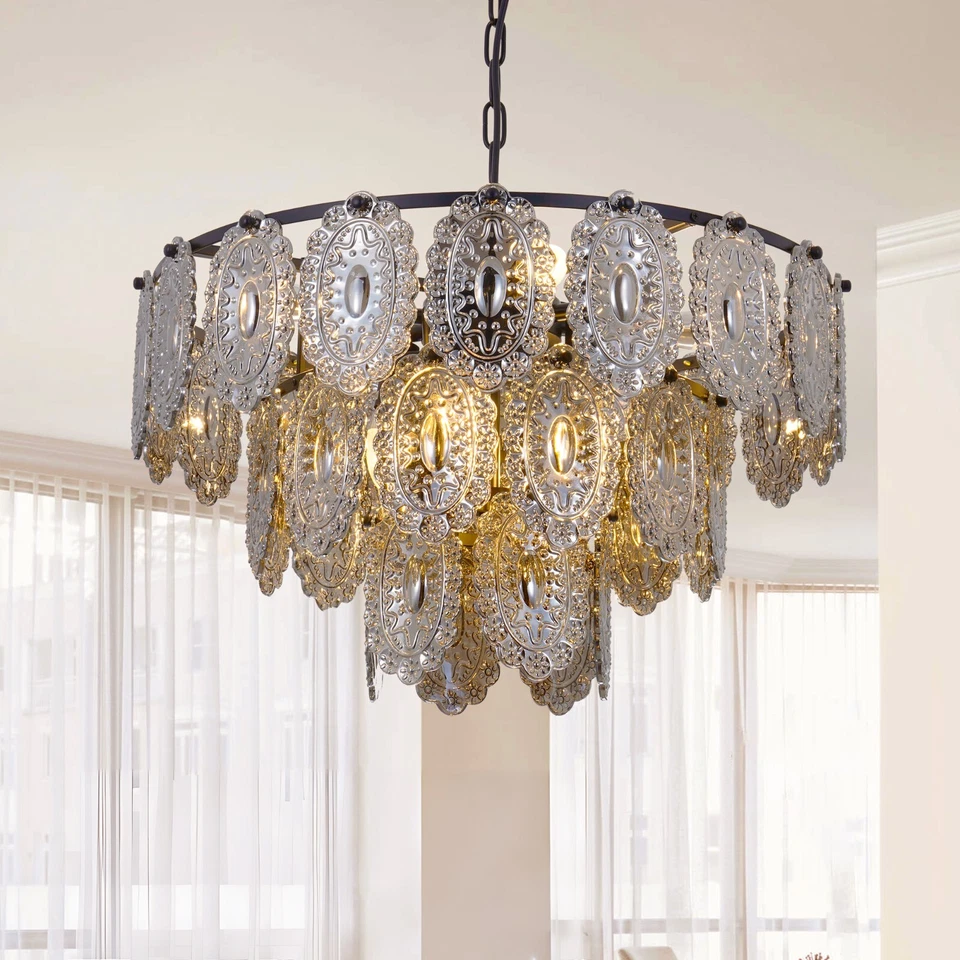 Lámpara colgante vintage de cristal gris de 3 capas de 8 luces con escudo de vidrio de 23,6" Foto 2 de 4