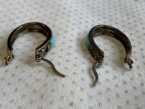 Sterling Silver Earrings 6.32g Fine Jewelry Turquoise Look Marcasite Hoops READ - Imagen 6 de 24