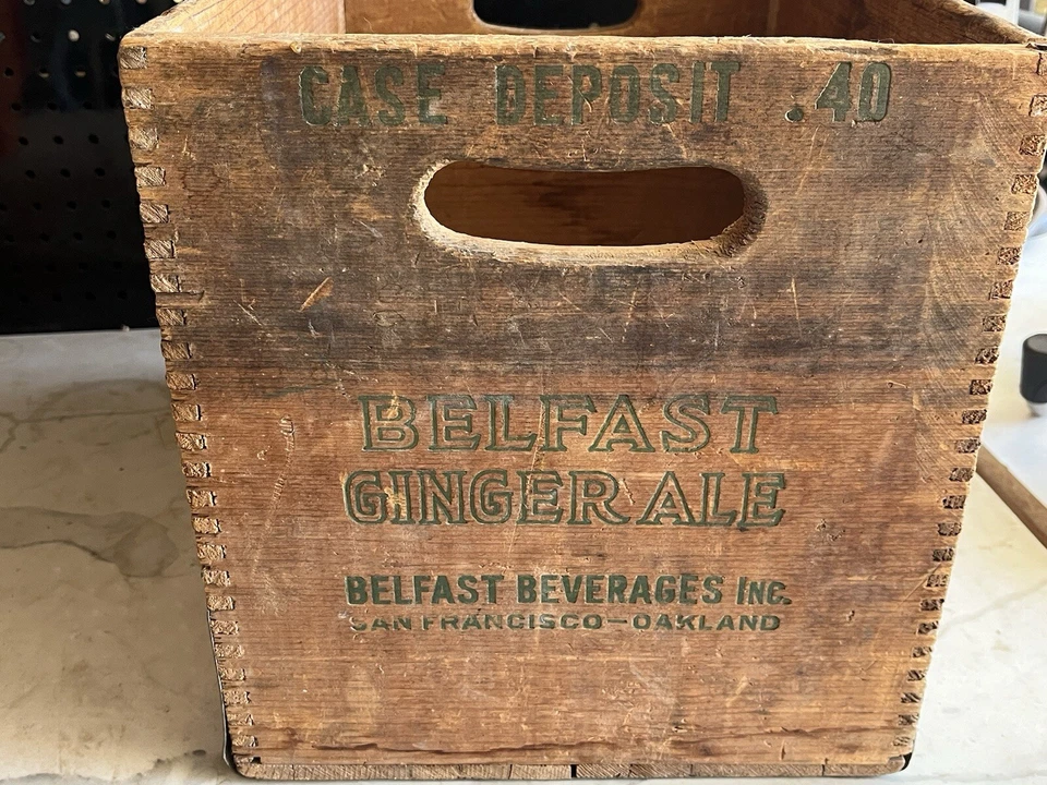 Caja de madera vintage BELLFAST Ginger Ale Soda Pop envío gratuito EE. UU. Foto 2 de 4