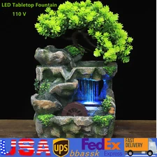 Tabletop Water Fountain Small Rockery Waterfall with LED Light Table Ornament