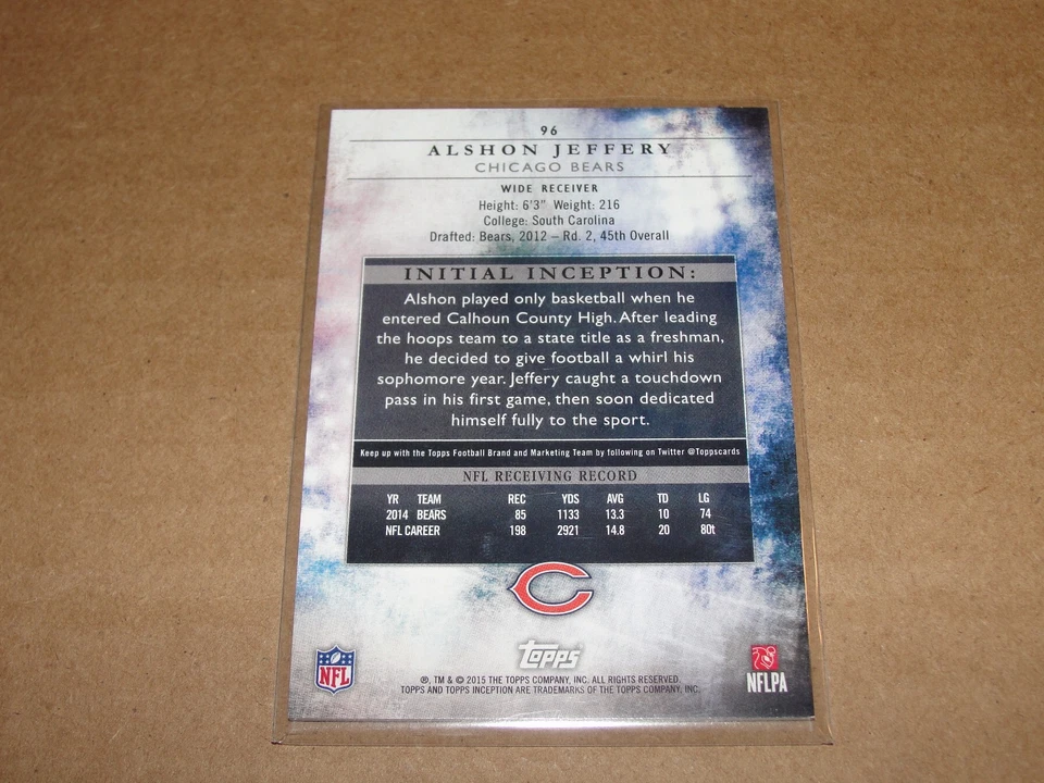 2014 Inception ALSHON JEFFERY #96 Purple Variant/99 Chicago BEARS SC Gamecocks - Image 2 of 2