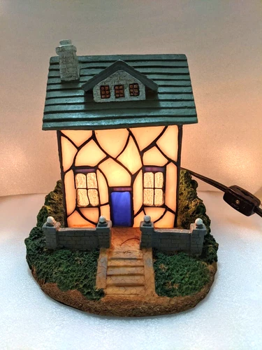 OD. Vintage Tiffany Style Stained Glass House on Risen Base Table Lamp 10" Tall