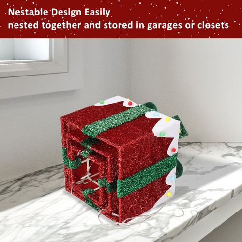 3x Xmas 60 Led Pre Lit Light Up Christmas Parcel Gift Box Set With Tinsel & Bow - Picture 4 of 8