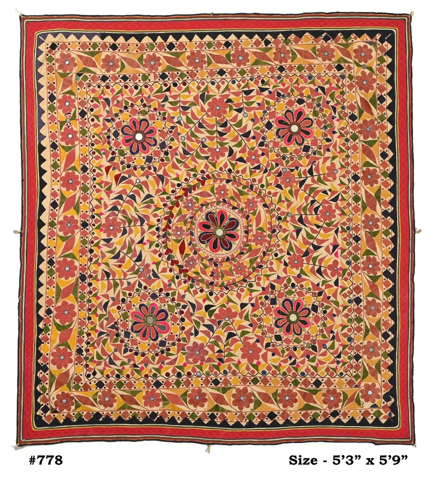 Antique Indian 70-80 year old 5.3 X 5.9 ft Embroidered, Vintage Gujrati Tapestry - Image 3 of 4