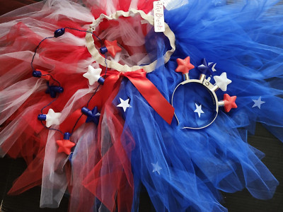 FREE Girl's Patriotic Tuile Tutu 3  Piece Red White Blue Skirt Accessories NWT