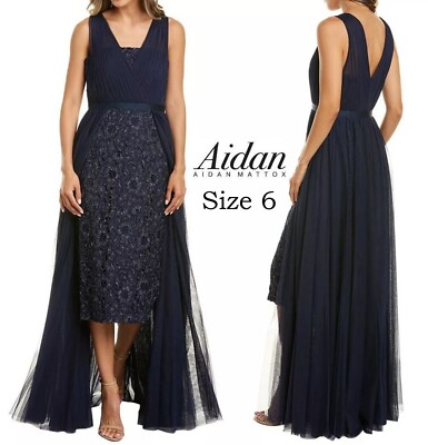 NWT  Aidan Mattox Women  Metallic Embroidered NavyLace Mesh Overlay Dress Size 6