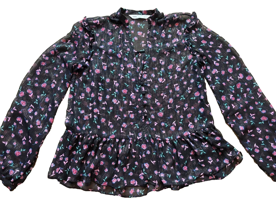 Blusa Zara Estampado Floral Peplum Campesina Relajada Chifón Transparente Negra Dorada Rosa XS Foto 2 de 4
