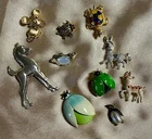 Vintage Costume Jewelry Brooches Pins, Set of 10 Animals Silver Gold Tones