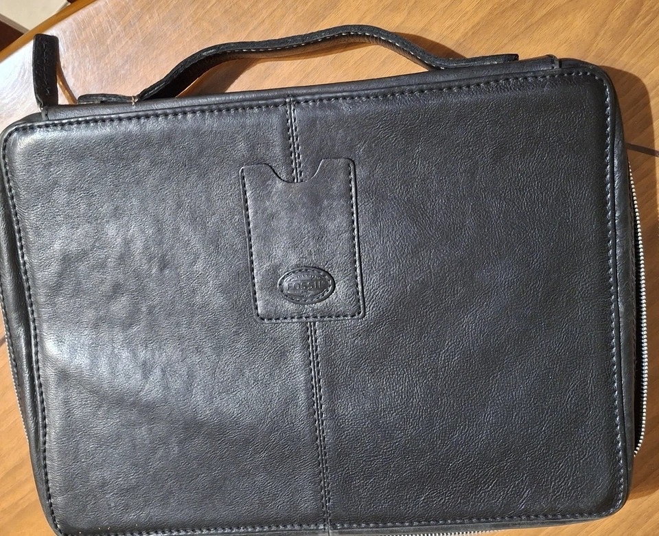 Vintage Fossil Briefcase Black Leather With Brown Plaid Interior - image 2 of 4