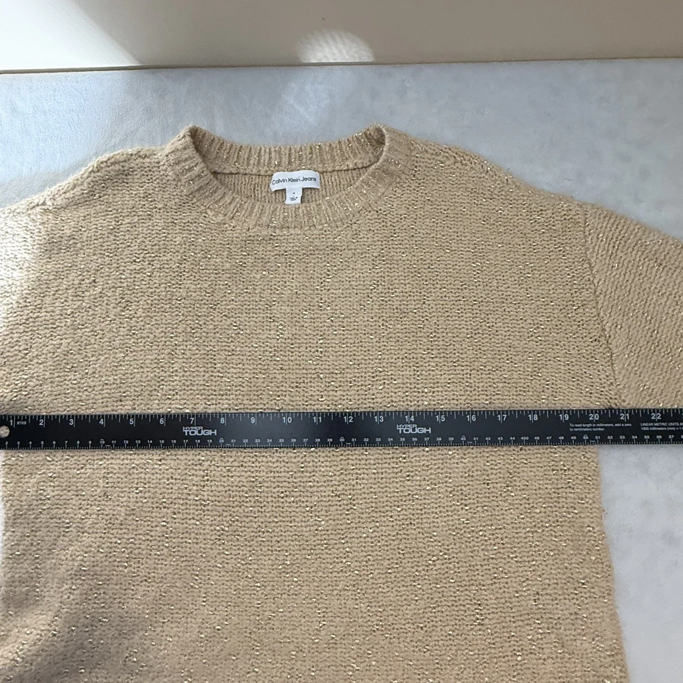 Calvin Klein Women's Crew Neck Sweater Tan W/gold Sparkles, Size M Long Sleeves - Image 3 of 4