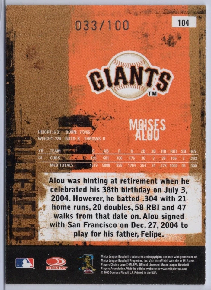 2005 Donruss Leather & Lumber Silver #104 Moises Alou #'d 033/100 - Image 2 of 2