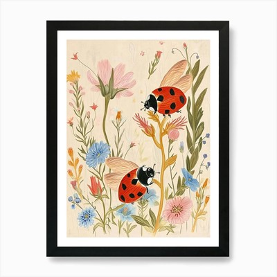 Folksy Floral Tier Zeichnung Ladybu gerahmtes Wandbild Poster Leinwanddruck Bild