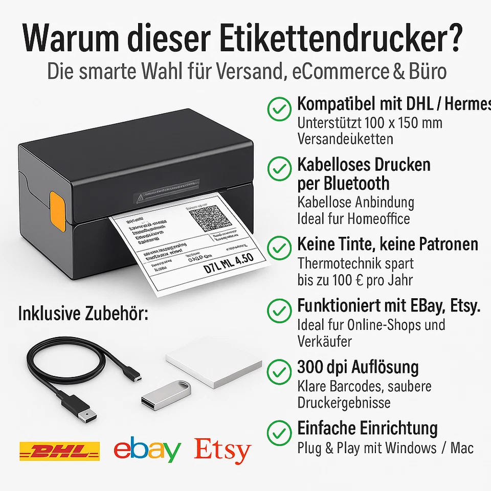 Thermo Etikettendrucker 300 dpi – Kompatibel mit DHL / Hermes – Bluetooth & USB - Bild 2 von 4