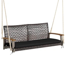 Patiojoy 2-Person Patio Rattan Hanging Swing Chair Porch Loveseat Cushion Black