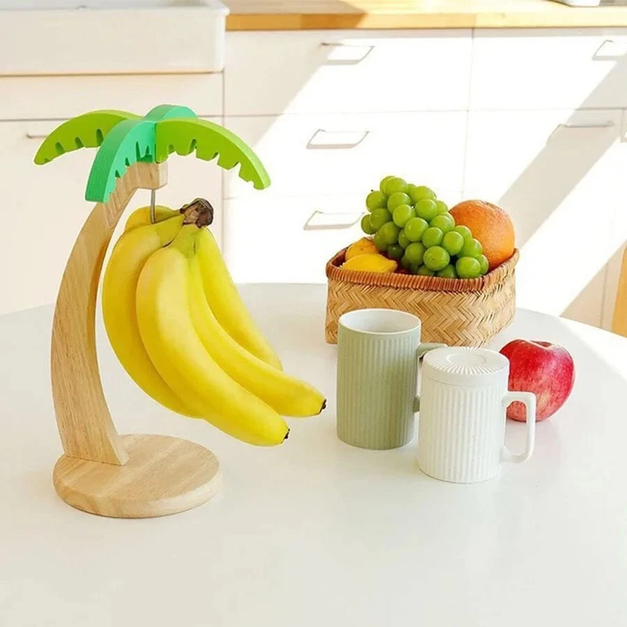 Bananenhalter Holz Küchenregal mit Haken Deko Obstständer mit Blatt Design - Bild 2 von 4