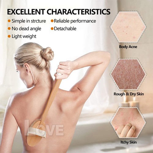 Body Bath Brush Back Massager Scrubber Long Handle Natural Wooden Shower Scrub - Picture 5 of 10