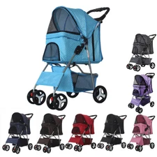 4 Wheels Folding Portable Pet Stroller Cat Dog Cage Travel Carrier with Basket