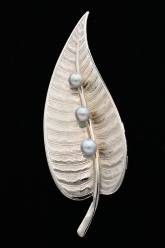 Vintage Leaf Pin Brooch Gray Faux Pearl Silver Ton