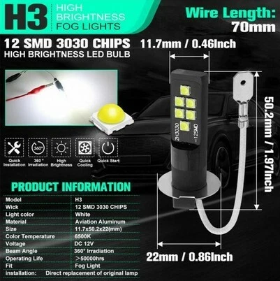 Ampoules H3 LED 12 SMD Bleu crystal pour feux anti Brouillard Auto Moto 12V - Photo 2/3