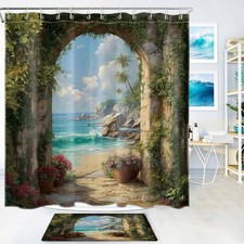 Tropical Nature Landscape Blue Ocean Beach Shower Curtain Set for Bathroom Decor