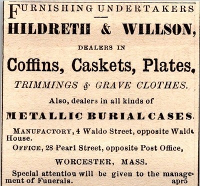 Hildreth & Willson Furnishing Undertakers 1871 Worcester MA Clipping TAJ8-S56