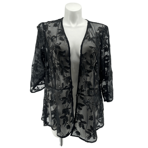 Alex Evenings Black Embroidered Lace Sequin Kimono Jacket 2X NWT 3/4 Sleeve - Picture 2 of 13