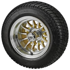 (4) Golf Cart 205/50-10 Low Profile Tires on 10x7 Machined/Gold 14-Spoke Wheels