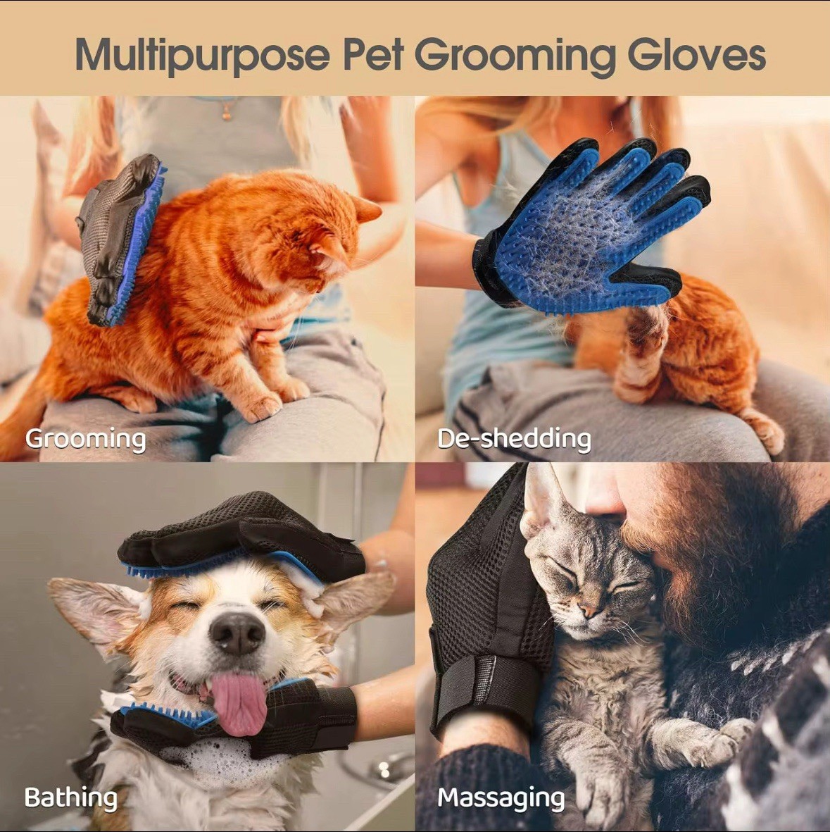 5 Pairs Pet Grooming Glove, Brush Dog Cat Massage Soft Bath Shedding Wet Dry