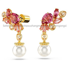 New Gema drop earrings Mixed cuts Crystal pearls, Flower, Pink, Gold-tone plated